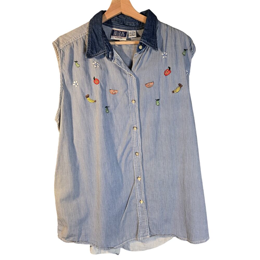 Bill Blass Women 2X Blue/White Striped Sleeveless Top with Embroidery [0275]